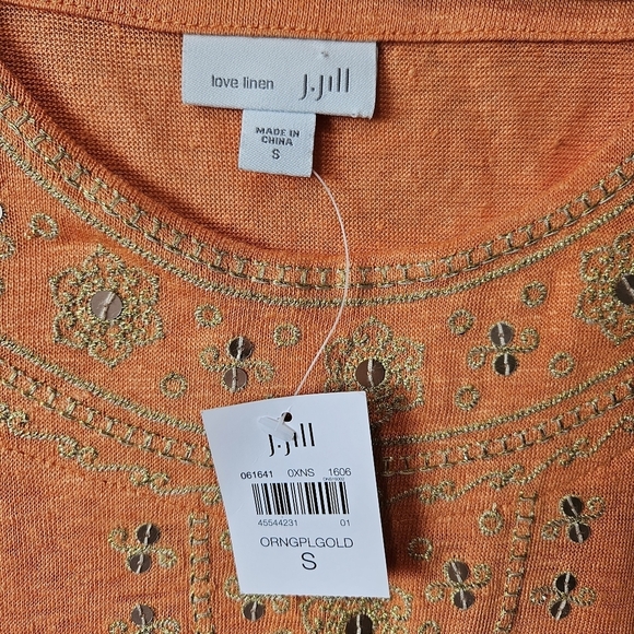J Jill Love Linen Womens Size Small Orange Linen Sequin Short Sleeve Top - Picture 6 of 11